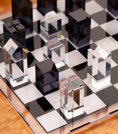 Dom Acrylic Chess Set – Modern Lucite Chess Board with Crystal & Black Pieces