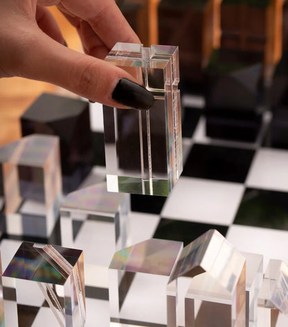 Dom Acrylic Chess Set – Modern Lucite Chess Board with Crystal & Black Pieces