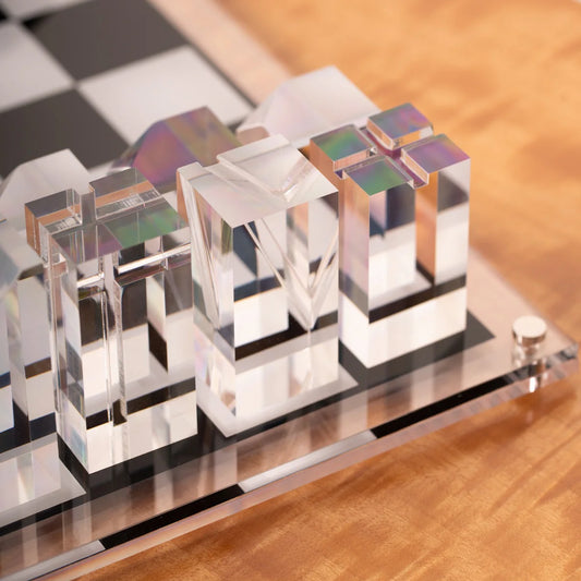 Dom Acrylic Chess Set – Modern Lucite Chess Board with Crystal & Black Pieces