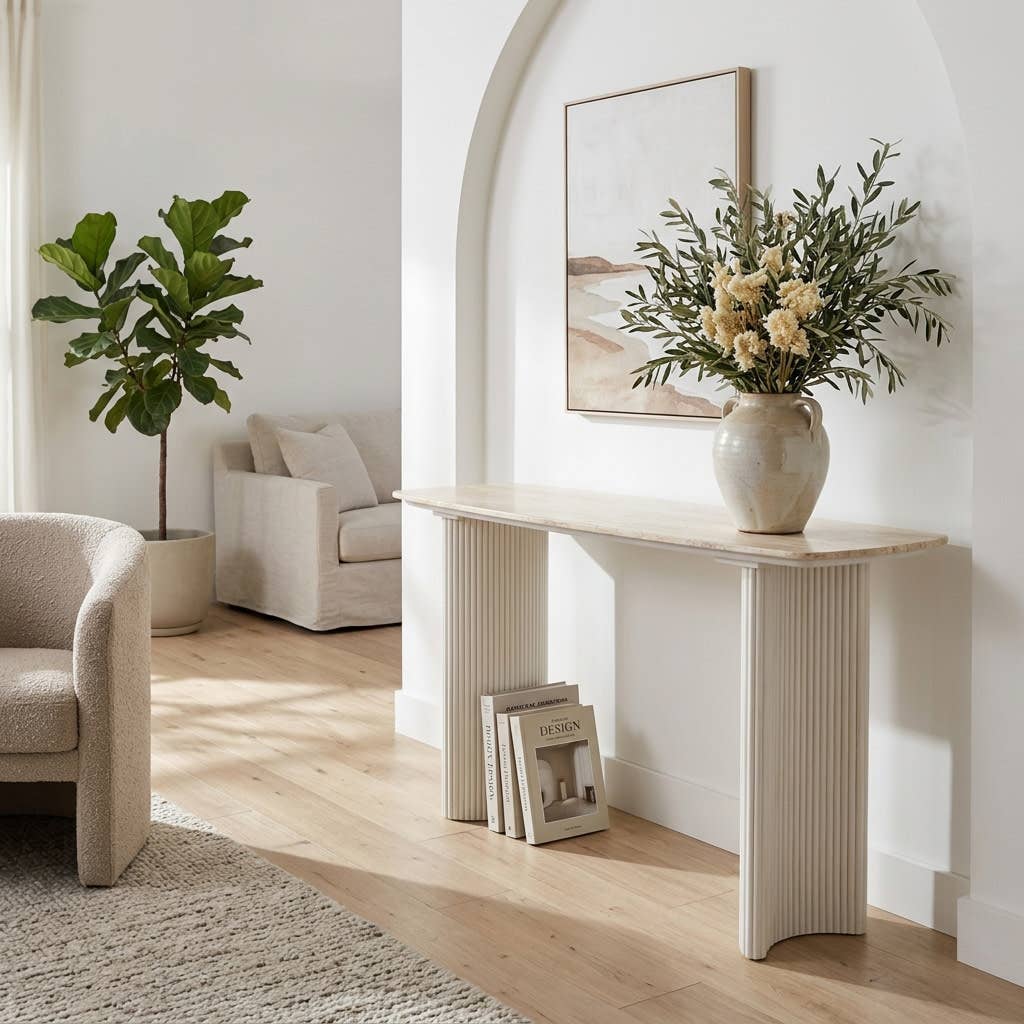 Console Table - Tan Wood Fluted Travertine For Entryway,60in
