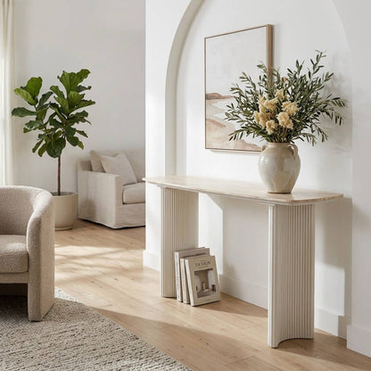 Console Table - Tan Wood Fluted Travertine For Entryway,60in