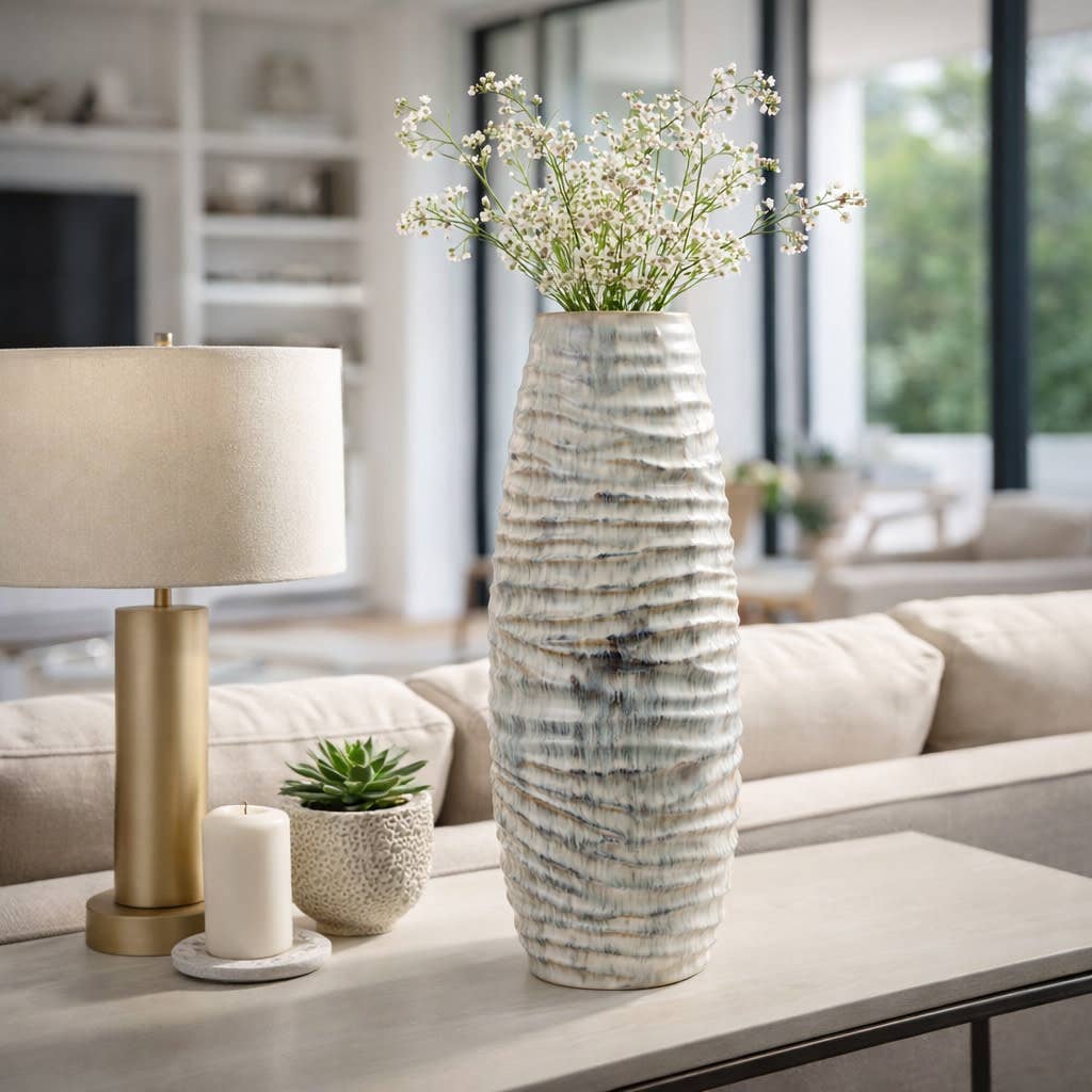 Decorative Vase - Gray Ceramic Textured Ribbed, 26 in.
