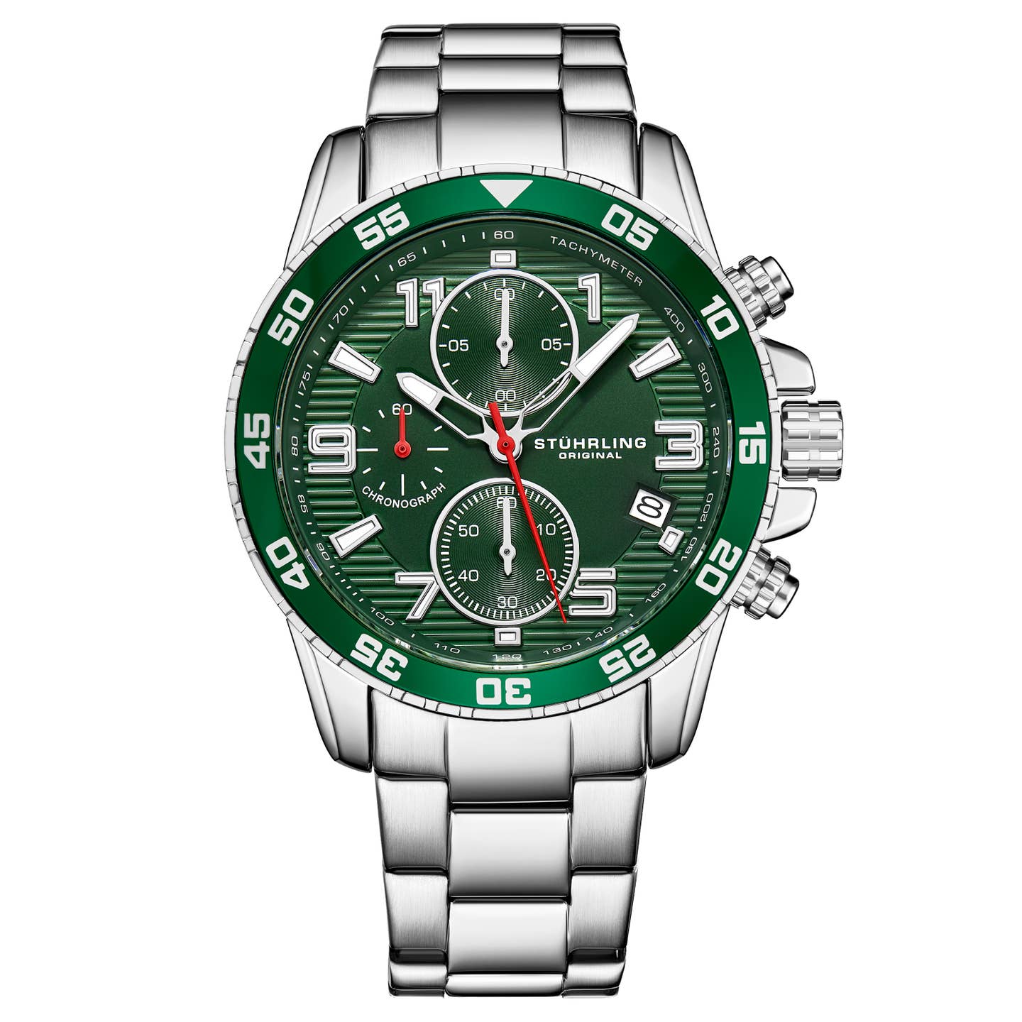 Stuhrling Original Concorso Men's Quartz Chronograph Watch, 40mm, Green Dial, Silver-Tone Brushed And Polished Link Bracelet, Style ZB8SY