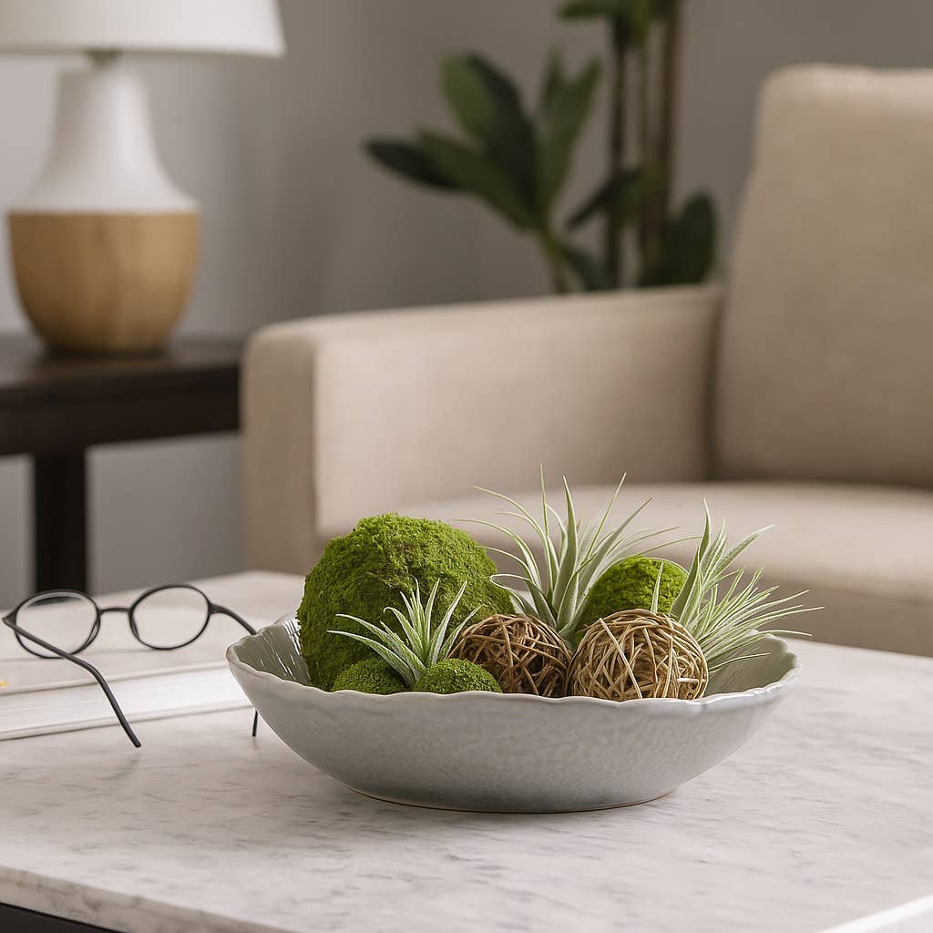 Decorative Bowl - Beige Ceramic Ribbed Pattern, 16 in.