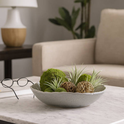 Decorative Bowl - Beige Ceramic Ribbed Pattern, 16 in.
