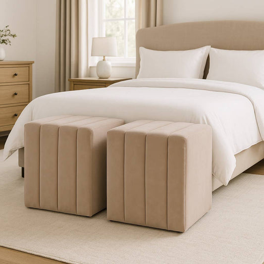 Ottoman Stool - Tan Suede Square Upholstered, 19 in.