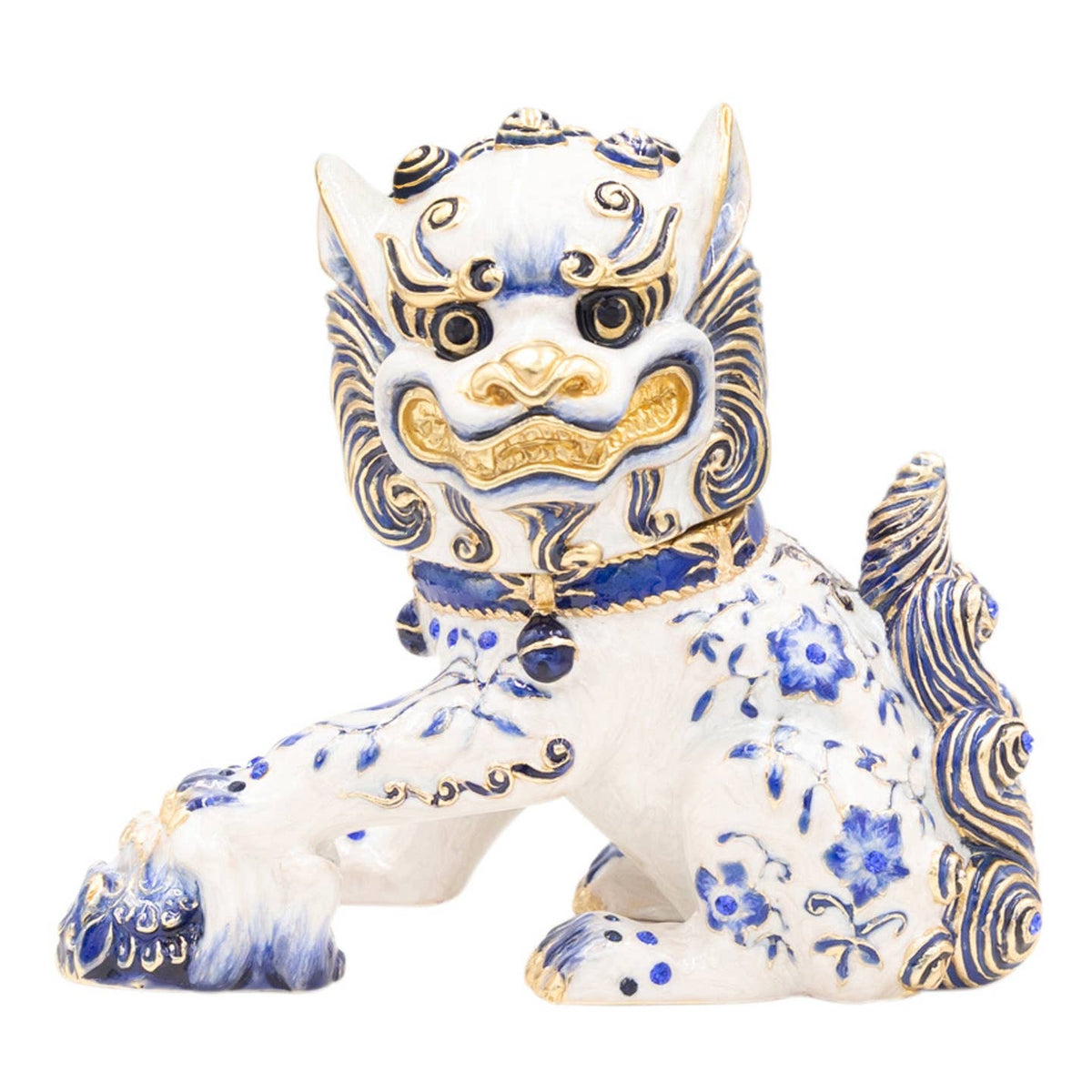 Jay Strongwater Yin Foo Dog Chinoiserie Decorative Box, Blue Flower Austrian Crystal Enamel Gold-Finished