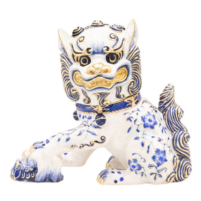 Jay Strongwater Yin Foo Dog Chinoiserie Decorative Box, Blue Flower Austrian Crystal Enamel Gold-Finished