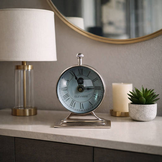 Desk Clock - Silver Metal Double-Sided Compass Back, 7 in.