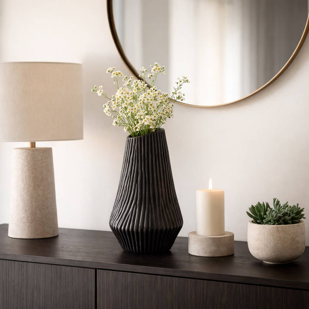 Decorative Vase - Black Ceramic Stylish Textured, 14 in.