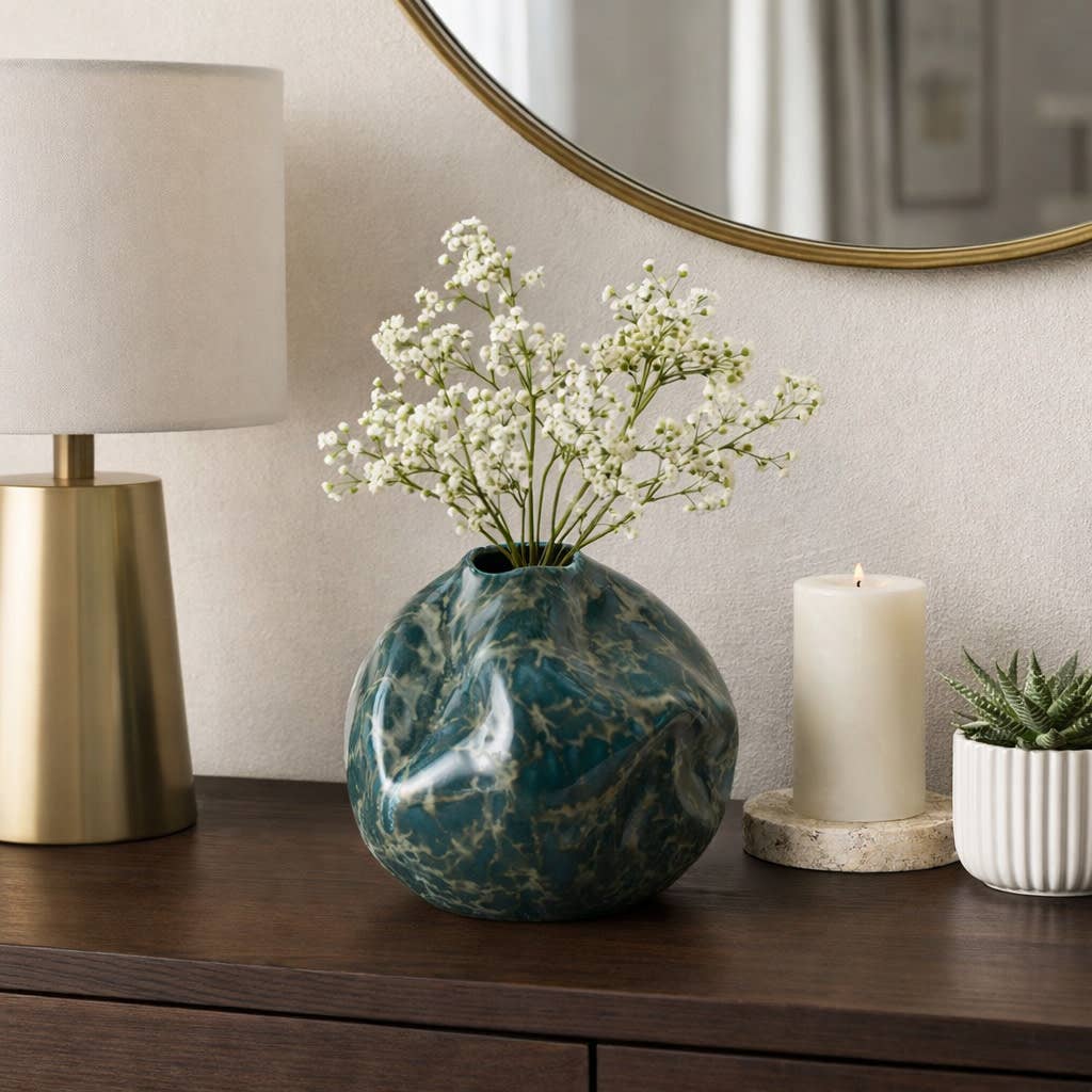 Decorative Vase - Green Ceramic Marbled Textured, 7 in.