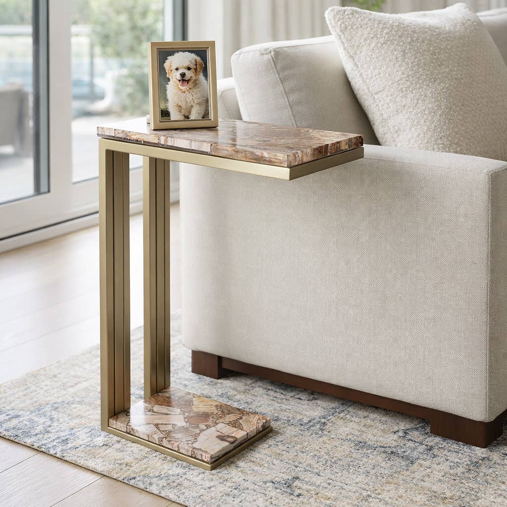 Side Table - Gold Wood Top Metal C-Shape Base, 24 in.