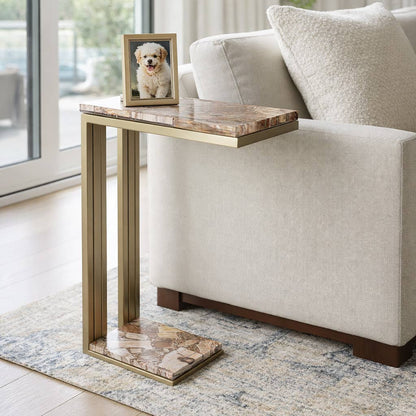Side Table - Gold Wood Top Metal C-Shape Base, 24 in.