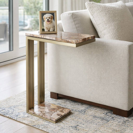 Side Table - Gold Wood Top Metal C-Shape Base, 24 in.