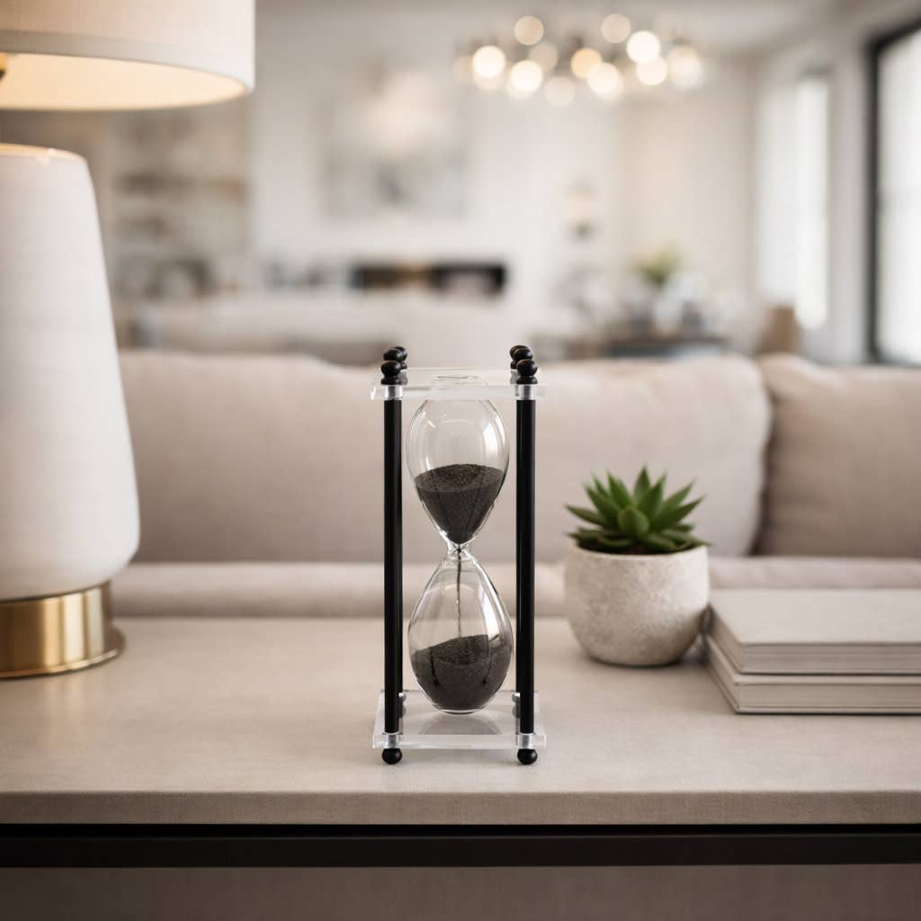 Hourglass Sandtimer - Black Metal Frame Plastic Base, 7 in.