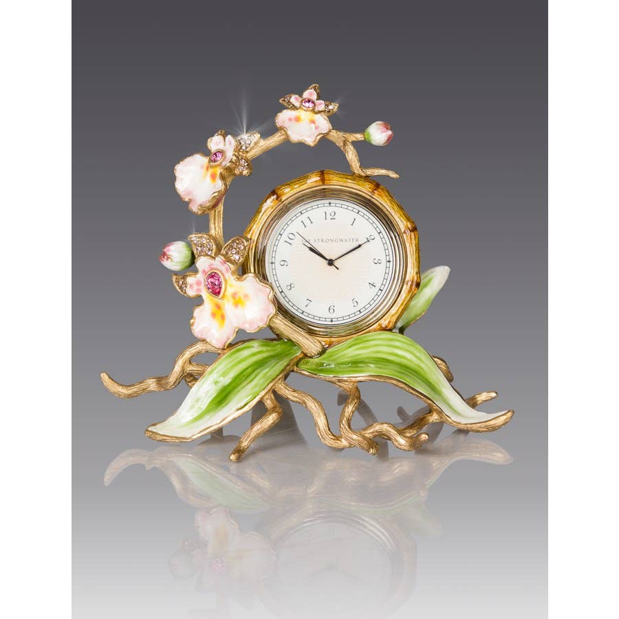 Jay Strongwater Tara Orchid Swarovski Crystal Enamel Gold-Finished Table Clock, Flora