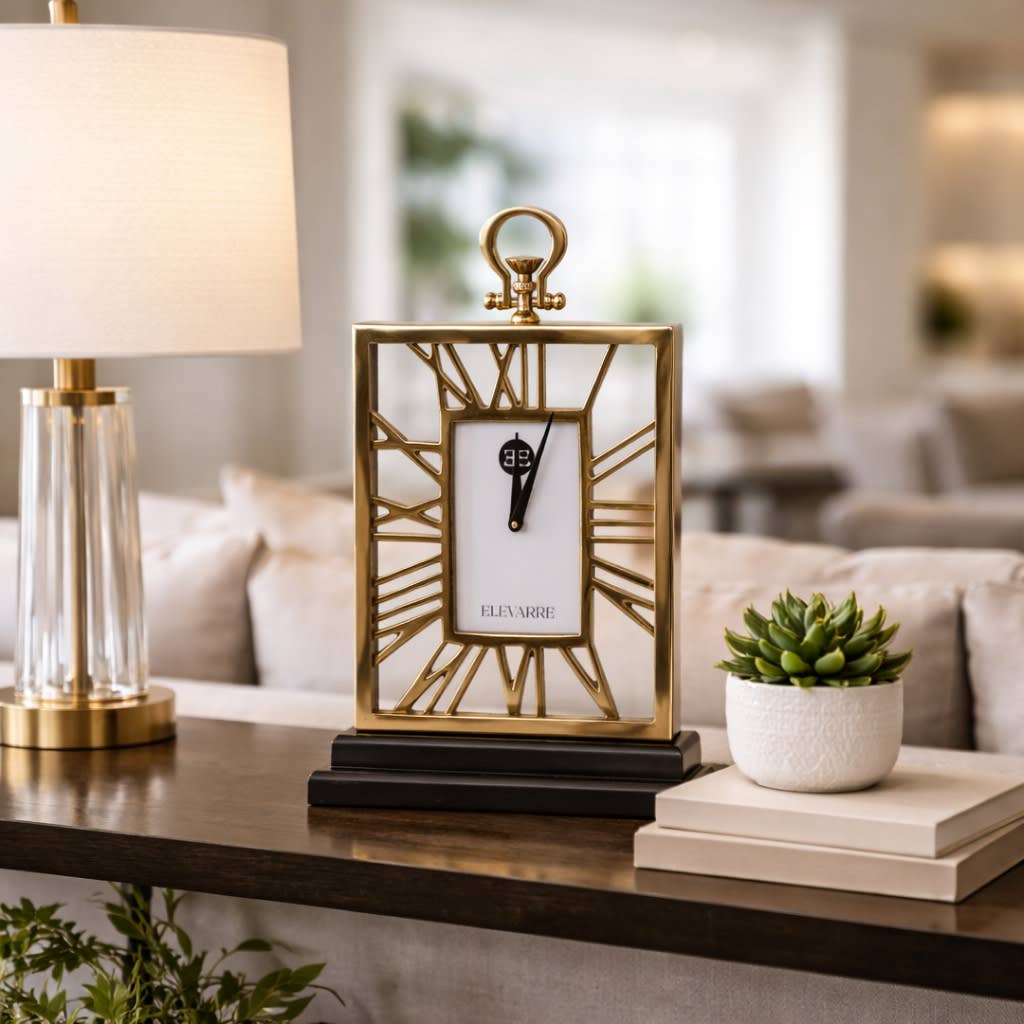 Table Clock - Gold Metal with Decorative Glass Face, 17 in.