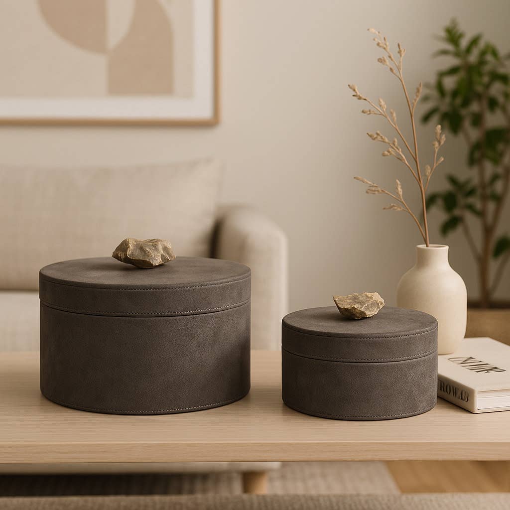 Boxes Set of 2 - Gray Wood Suede with Lid Knob, 6/8 in.