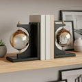 Bookends Set of 2 - Black Wood Glass Globe Design, 9 in.