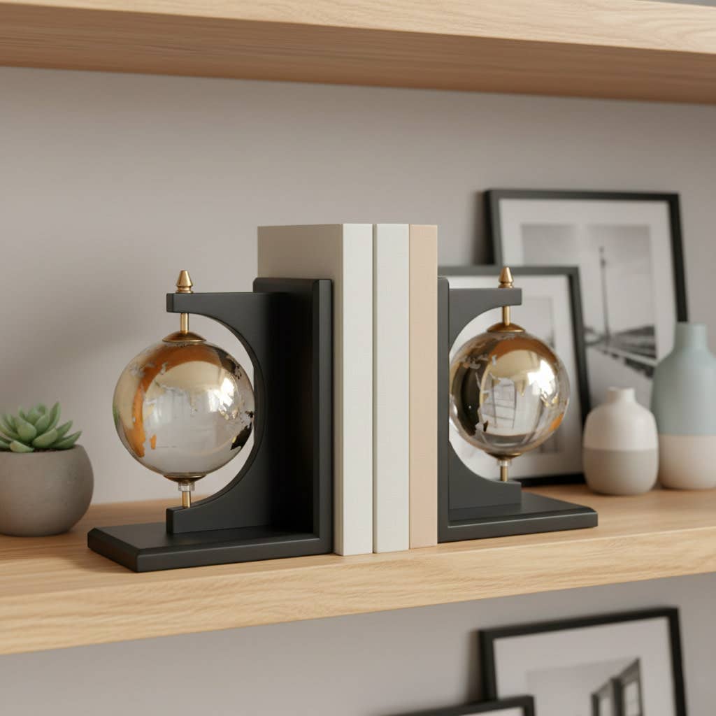 Bookends Set of 2 - Black Wood Glass Globe Design, 9 in.