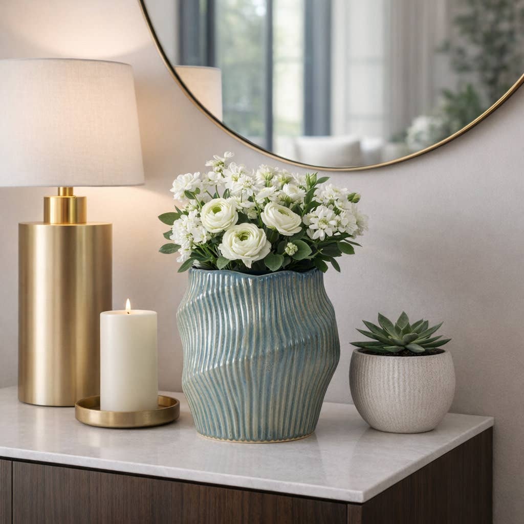 Decorative Vase - Blue Ceramic Sculptural Hollow, 11 in.