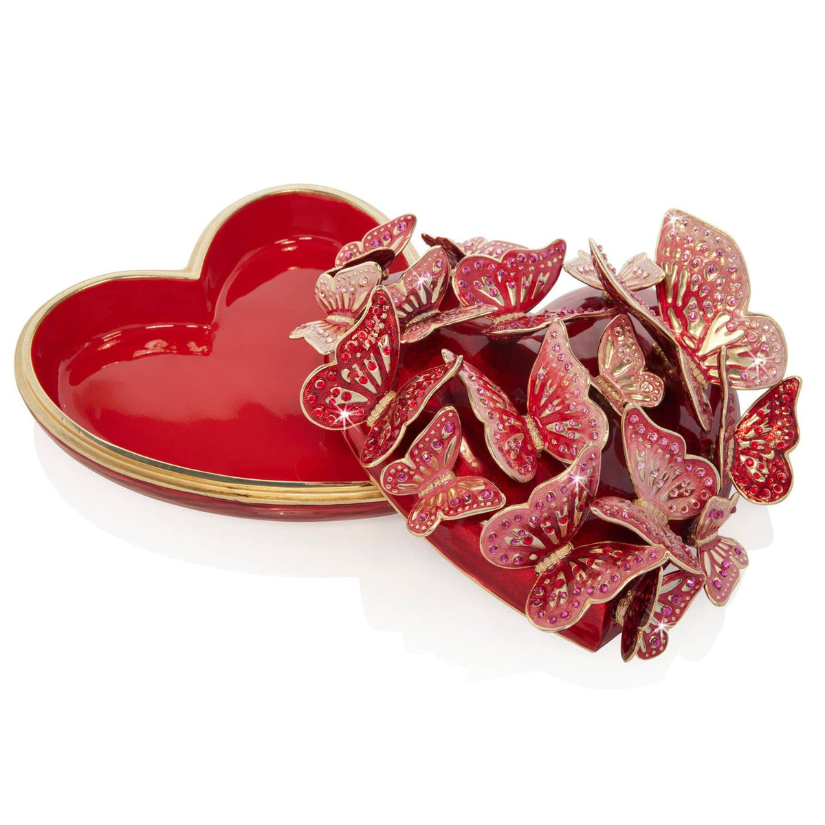 Jay Strongwater Amelia Heart Decorative Box, Red Butterfly Swarovski Crystal Enamel Gold-Finished