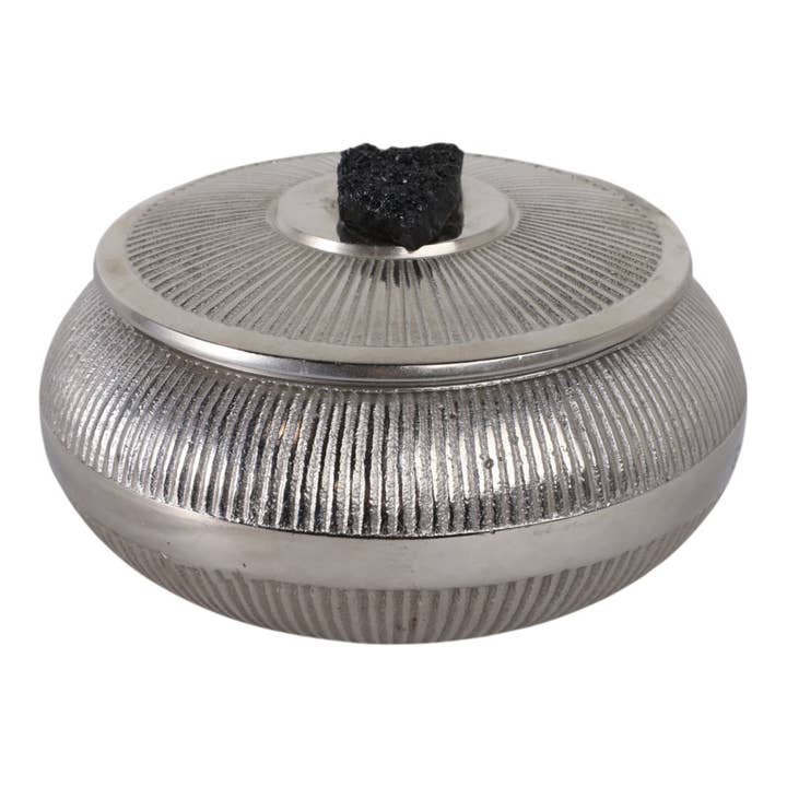 Decorative Box - Silver Metal with Stone Accent, 6 in.