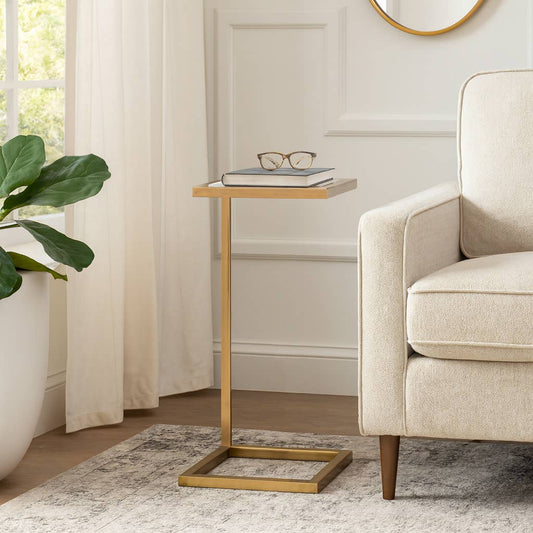 Side Table - White Selenite Top with Gold C-Frame, 24 in.