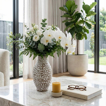 Decorative Vase - White/Brown Ceramic Pebble Mosaic, 14 in.