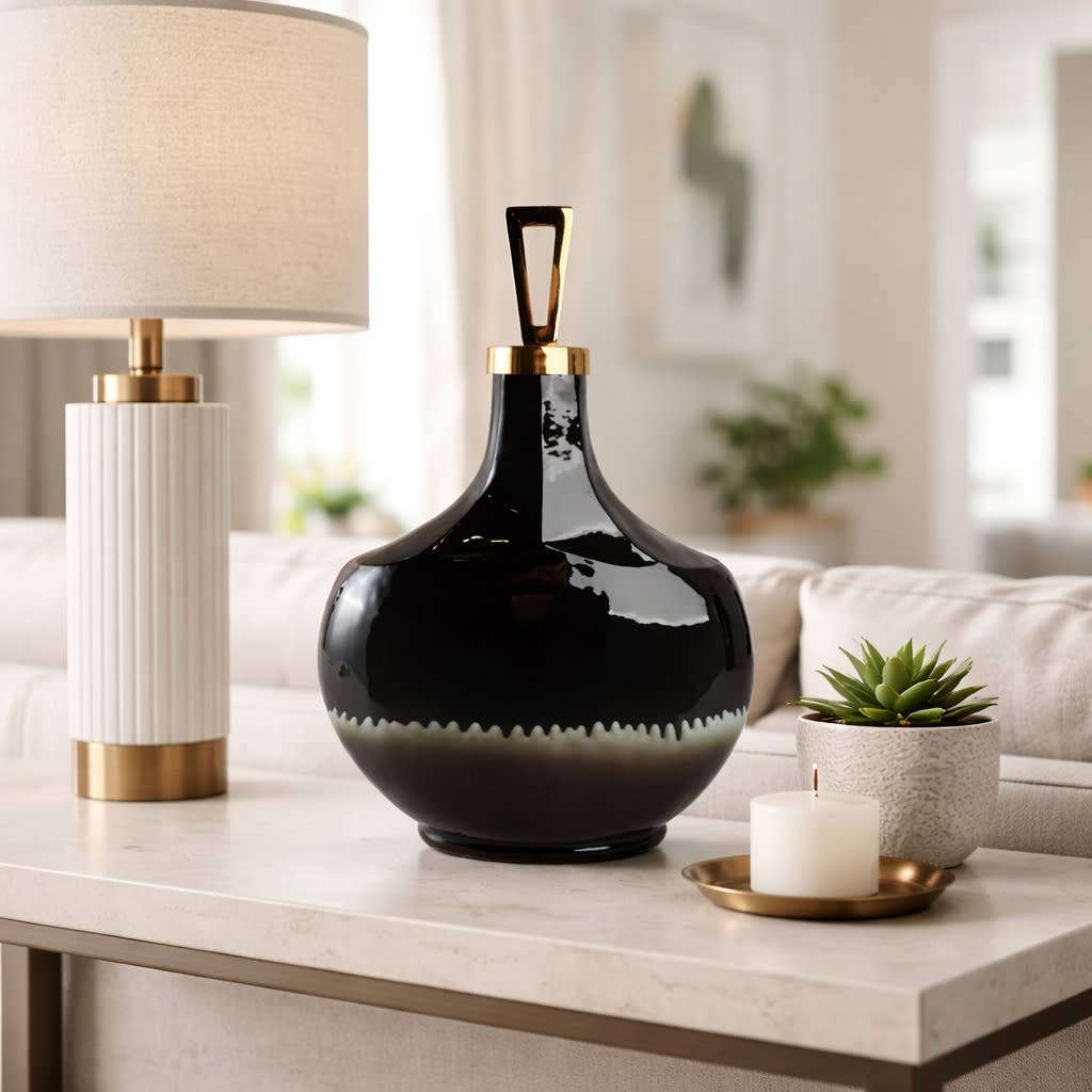 Decorative Bottle - Black Metal Topper Brass Trim, 20 in.