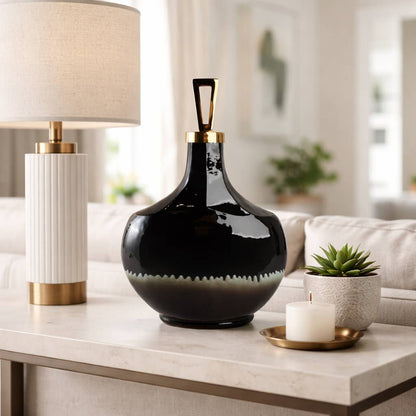 Decorative Bottle - Black Metal Topper Brass Trim, 20 in.