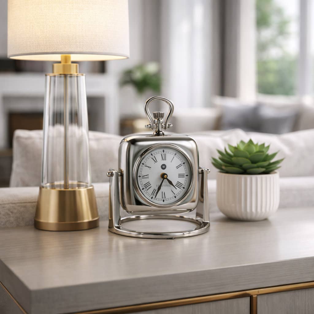 Table Clock - Silver Metal Accent with Glass Face, 9 in.