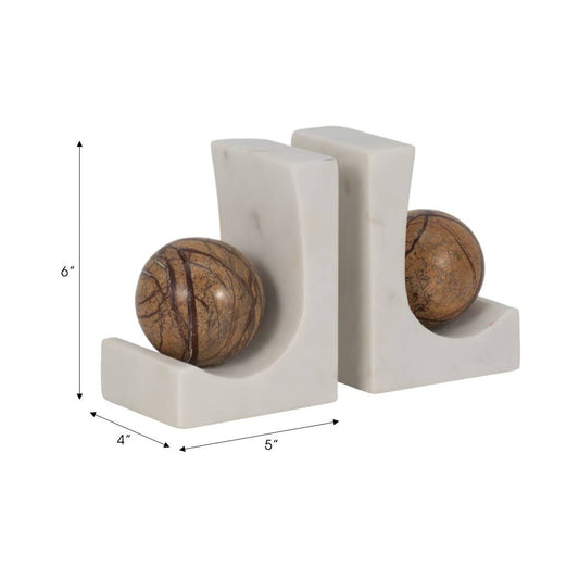 Bookends Set of 2 - Brown Marble Modern Globe Detail, 6 in.