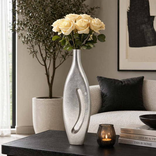 Decorative Vase - Silver Metal Elongated Form, 20 in.