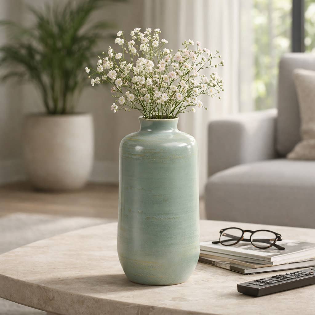 Decorative Vase - Green Ceramic Minimalist Tall, 12 in.