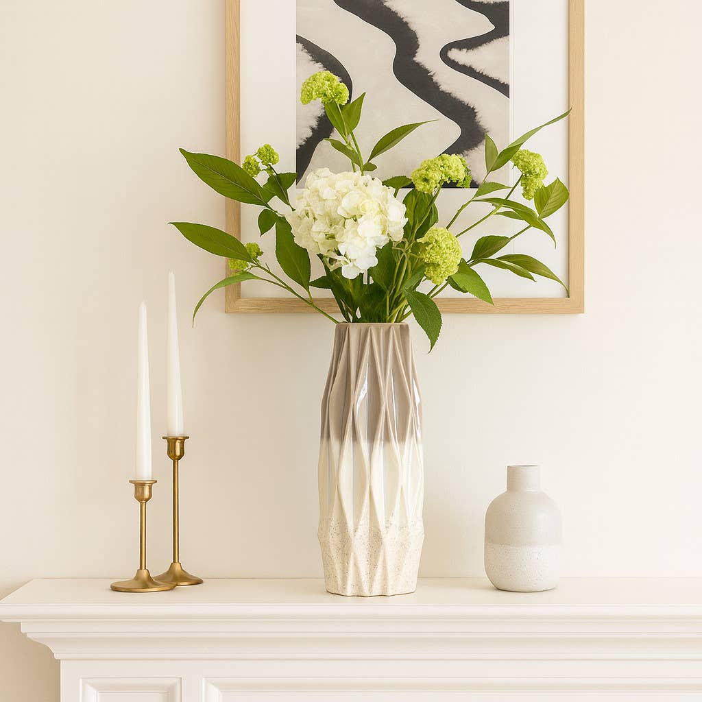 Decorative Vase - Ivory Ceramic Textured Faceted, 13 in.