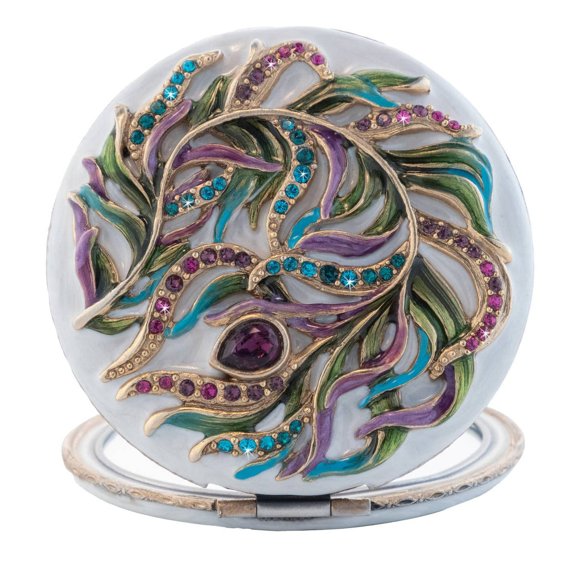 Jay Strongwater Rowan Classic Peacock Compact Mirror, Swarovski Crystal Enamel Gold-Finished