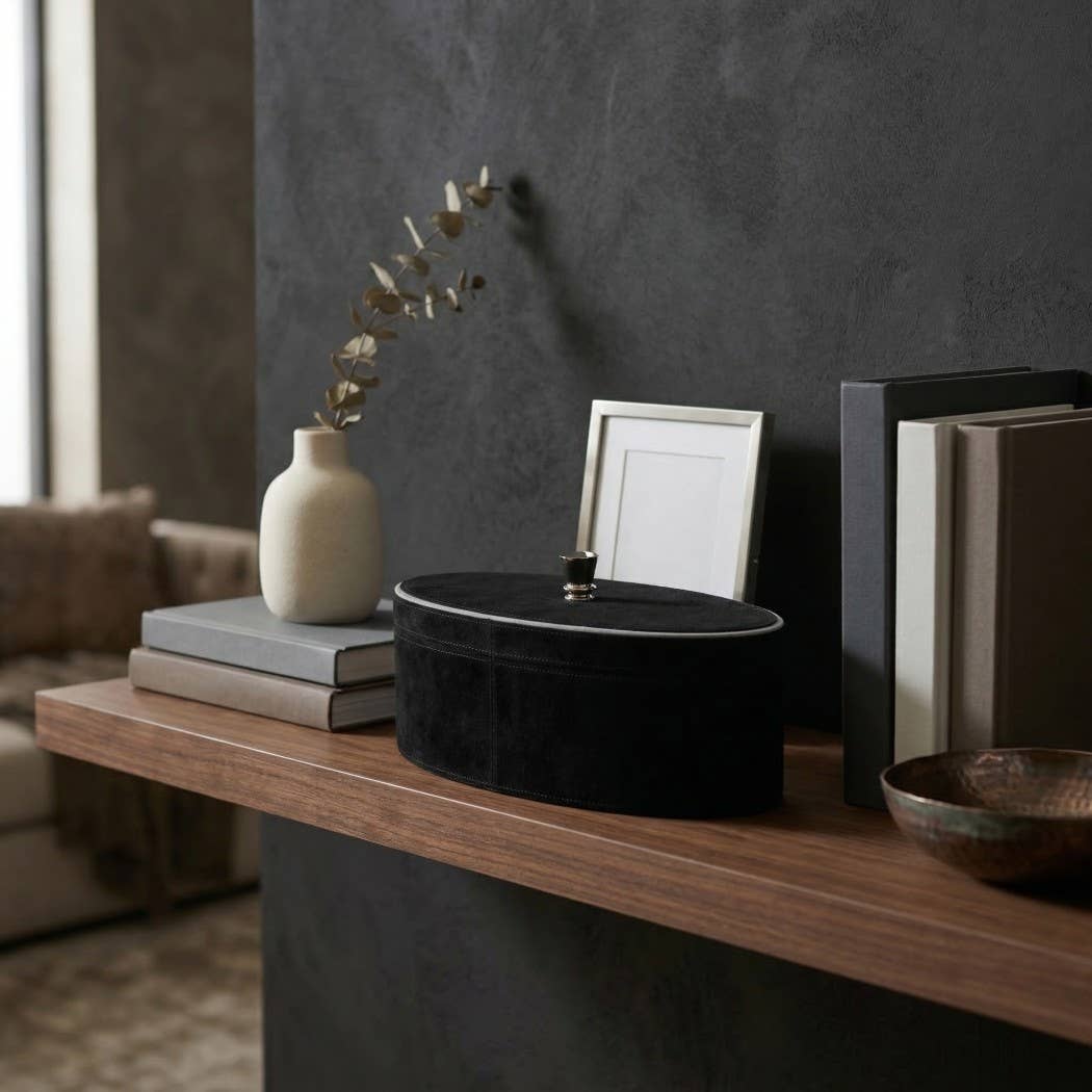 Decorative Box - Black Wood Round Removable Lid, 14 in.