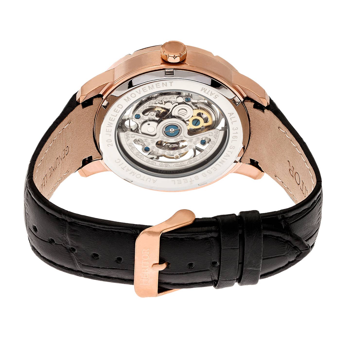 Heritor Ryder Men's Automatic Skeleton Leather Watch, Rose Gold/Black