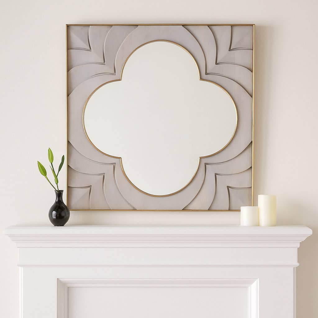 Wall Mirror - Ivory Wood Square Brass Frame, 35 in.