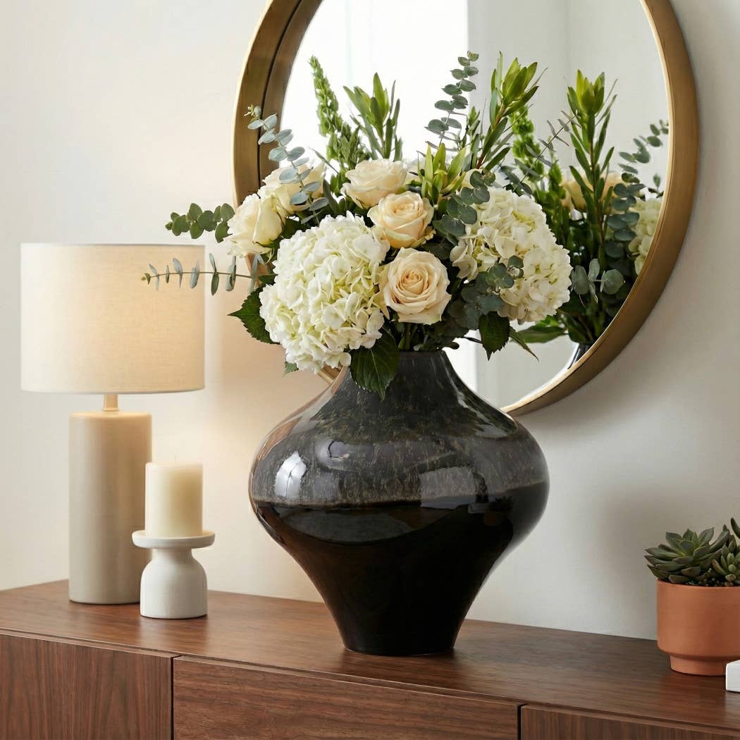 Decorative Vase - Black Ceramic Artisanal Piece, 14 in.