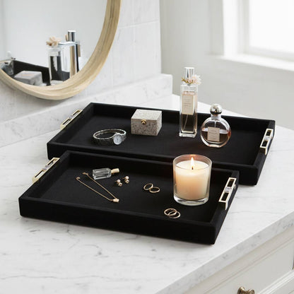Trays Set of 2 - Black Wood Suede Ottoman, 17/20 in.