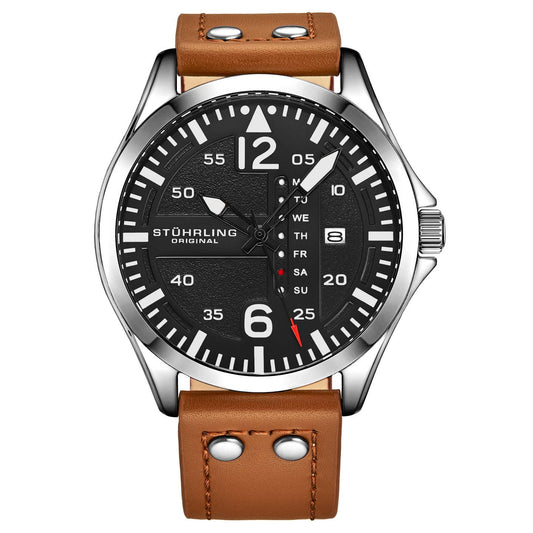 Stuhrling Original Aeronaut Men's Quartz Aviator Watch, 43mm, Black Dial, Light Brown Leather Strap