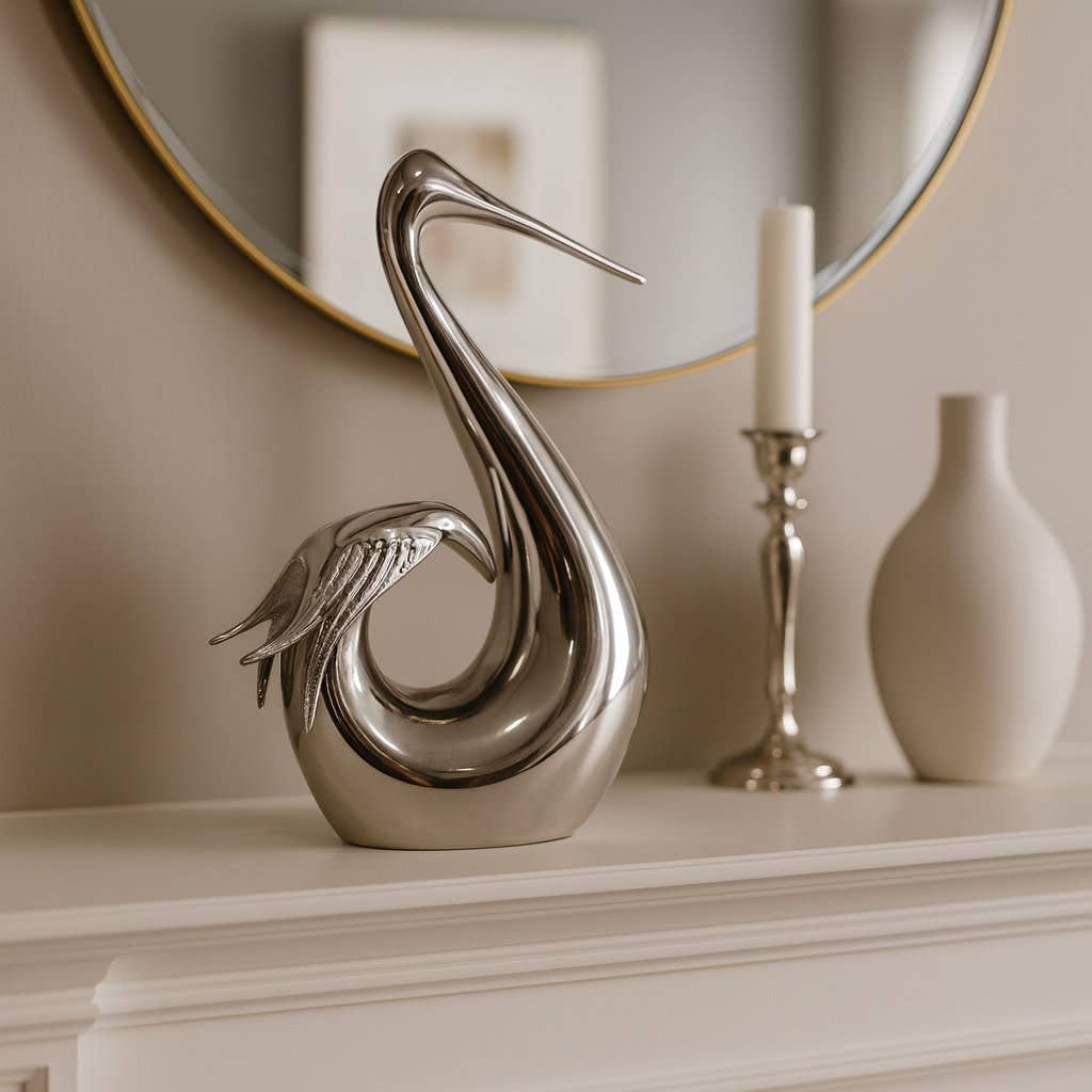 Decorative Object - Silver Metal Bowling Swan, 11 in.