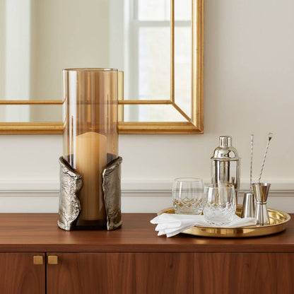 Candle Holder - Brown Glass with Metal Wraparound, 15 in.