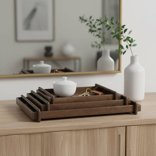 Trays Set of 3 - Brown Wood Raised Side Handles, 18/22/26 in