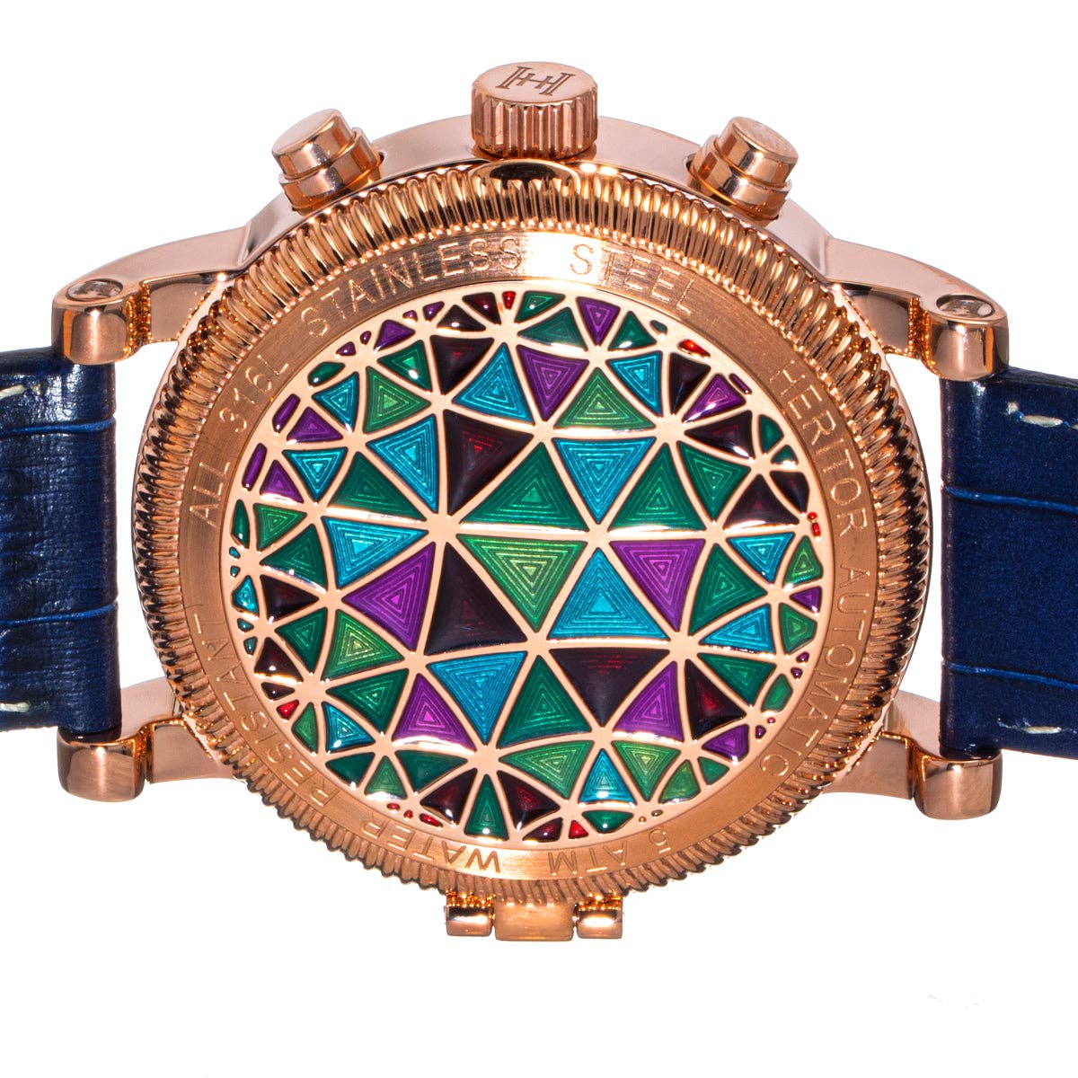 Heritor Legacy Men's Automatic Day-Date Leather Watch, Rose Gold/Blue