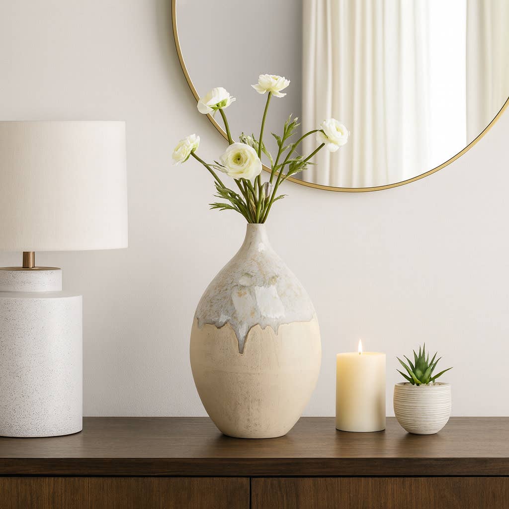 Decorative Vase - Cream Ceramic Textured Glossy, 18 in.