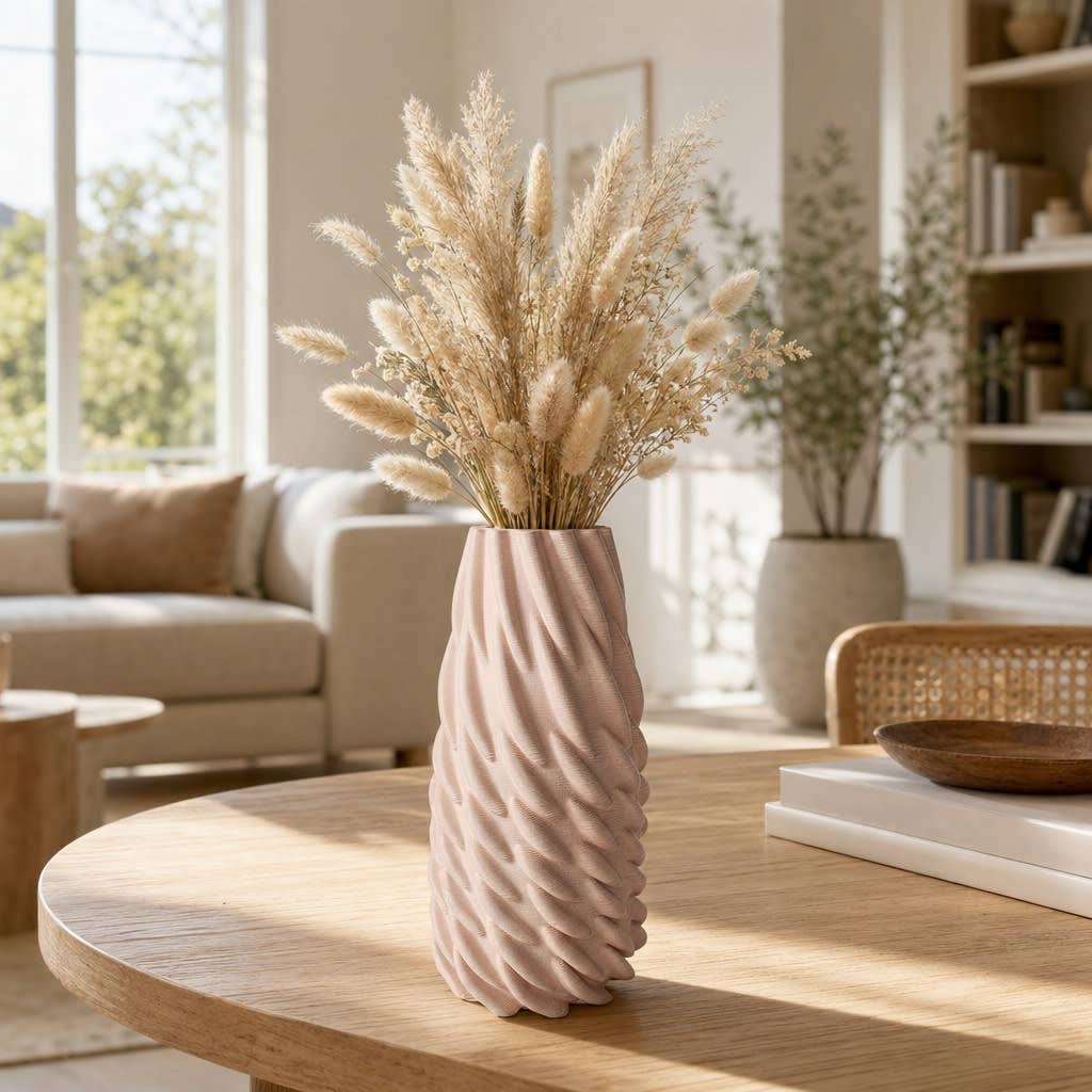 Decorative Vase - Pink Ceramic Twisted 3D Printed, 12 in.
