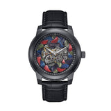 Authentic Heritor Emmanuel Men's Automatic Semi-Skeleton Leather Watch, Black/Black